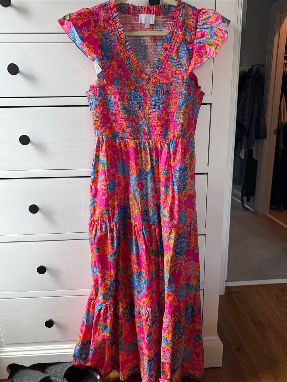 Bright Pink Floral Maxi Dress with Blue & Orange Accents